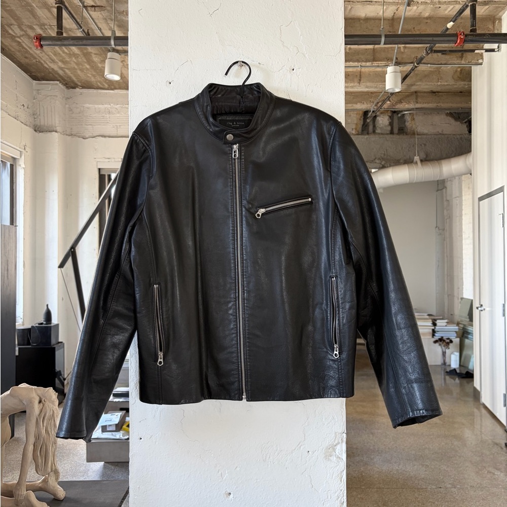 RARE rag & bone Black cafe racer Leather Jacket Sz L John Varvatos